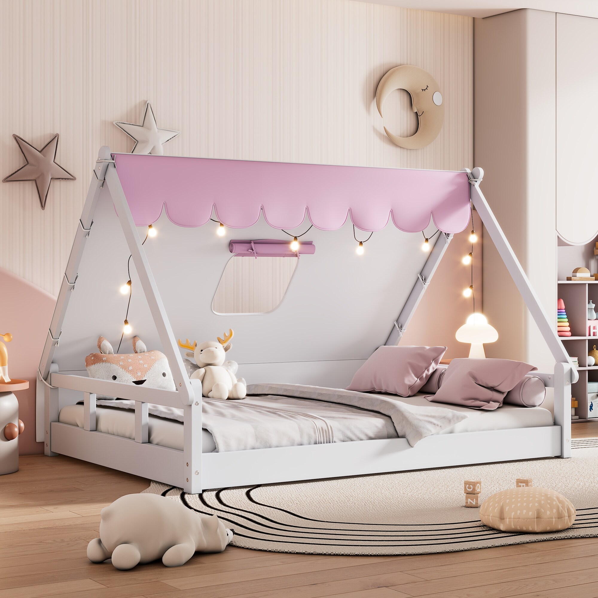 Wooden Full Size White Pink Tent Bed with Fence Roof and Fabric